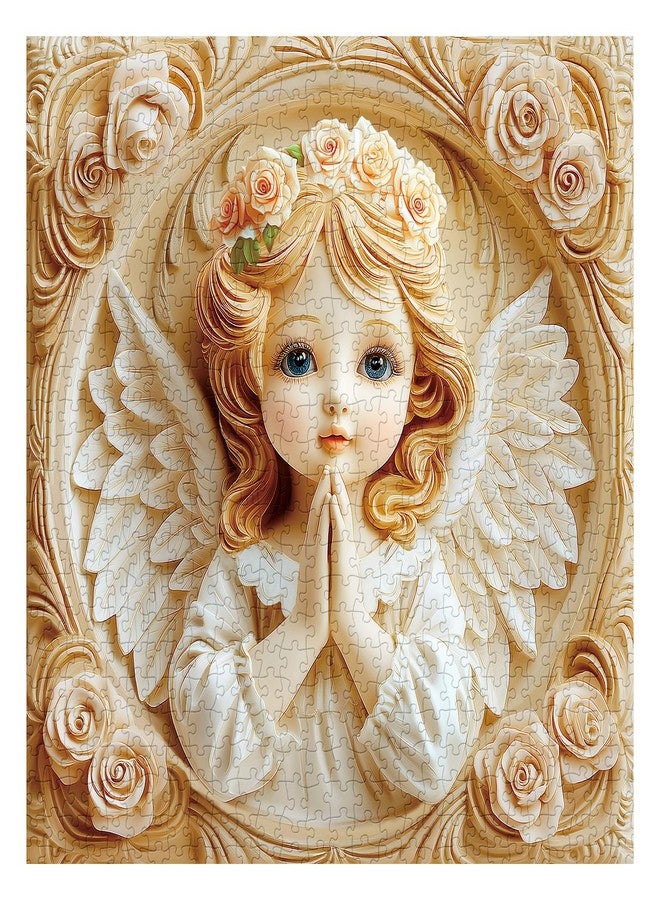 PPuzzling Rose Flower Relief Angel Puzzles for Adults 1000 Pieces, Vintage Carved Difficult Art Jigsaw Puzzle with Floral Wreath and Wings, Religious Challenging Puzzles for Adults - Image 2